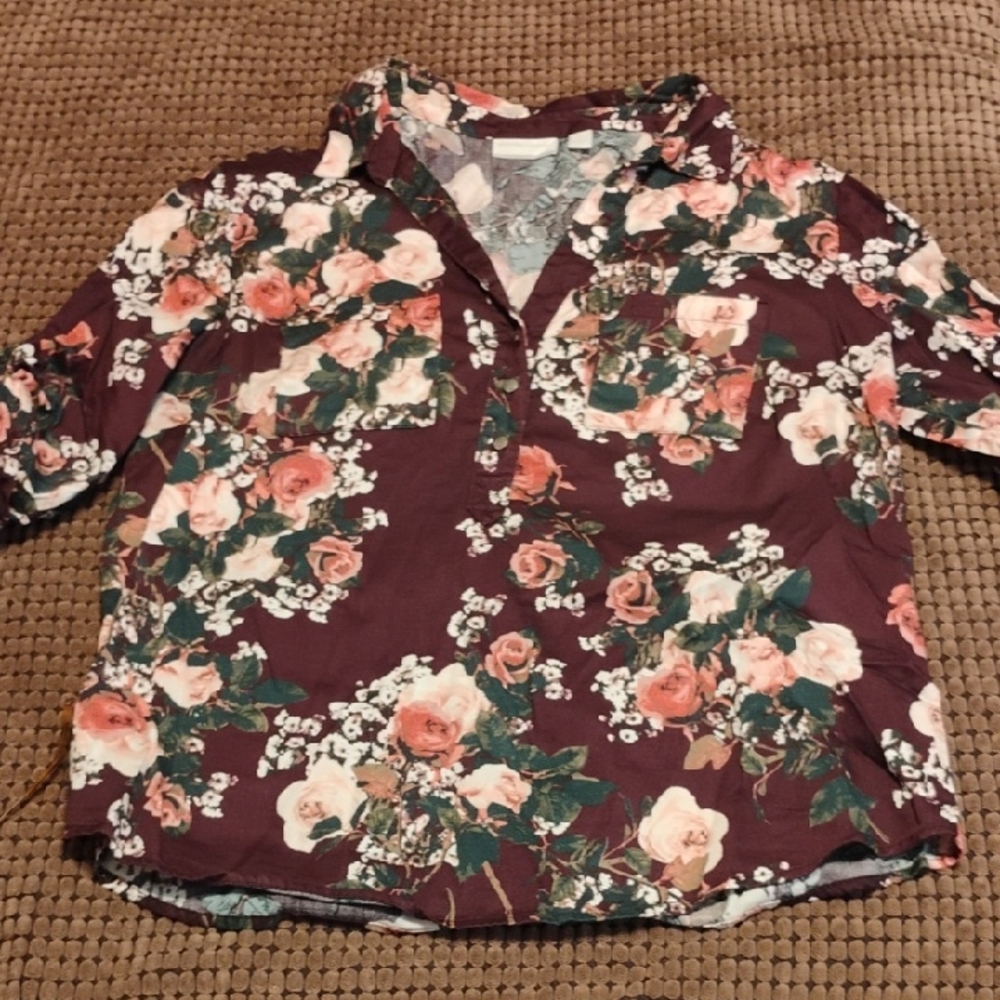 New York & Company Burgundy Floral Blouse